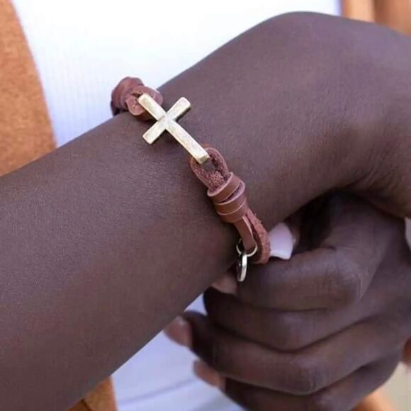 New Plunder "Selene" Leather Antique Gold Cross Cuff Bracelet (7") - Picture 3 of 5